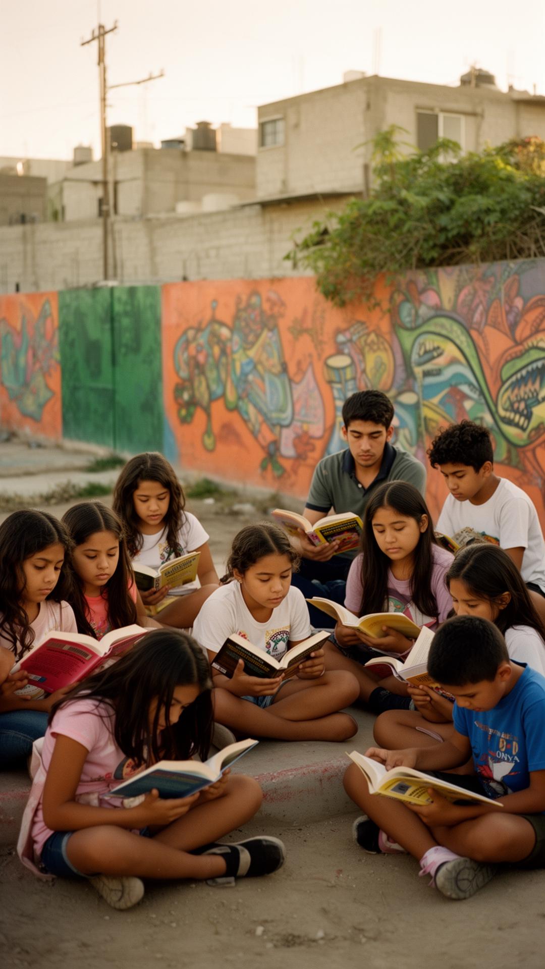 Niñas y niños leyendo frente a un mural comunitario en Infonavit Cachanillas, Tijuana