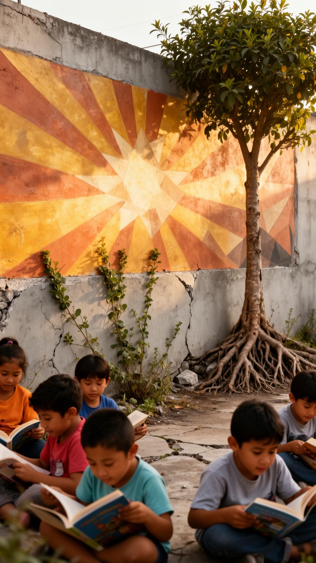 Niñas y niños leyendo frente a un mural comunitario en Infonavit Cachanillas, Tijuana